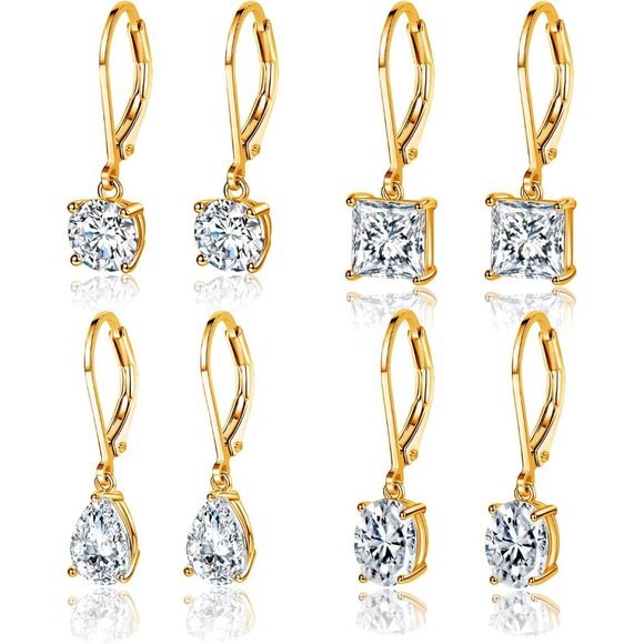 Jewelry - 18K Gold Plated Dangle Earrings Set for Women with Cubic Zirconia, Hypoallergeni